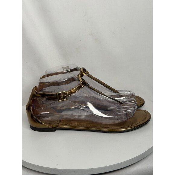 Tory Burch Metallic Leather T Strap Thong Sandals US 7.5 Gold Logo Flats - Picture 3 of 9